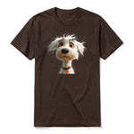 A chocolate short-sleeve crewneck t-shirt for adult featuring a graphic of a dog on the front.