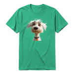 A kelly short-sleeve crewneck t-shirt for adult featuring a graphic of a dog on the front.