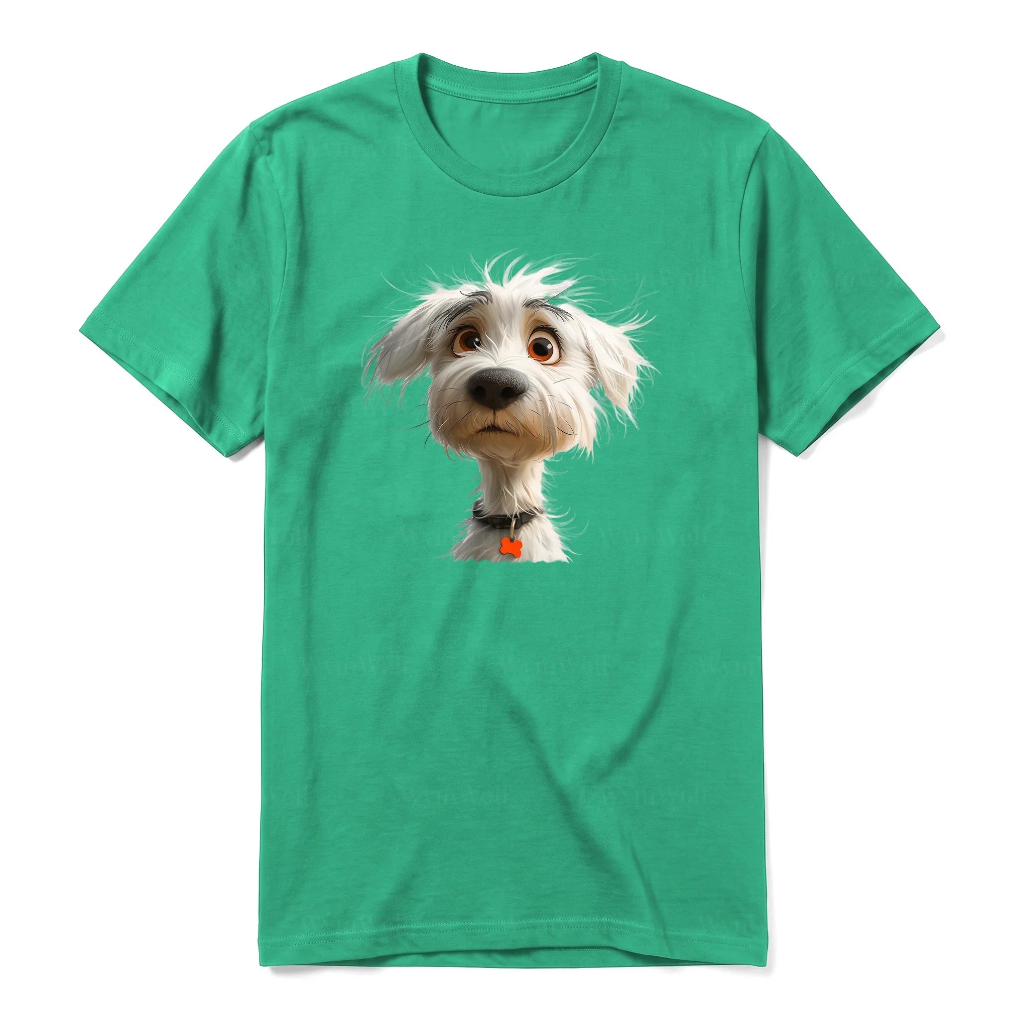 A kelly short-sleeve crewneck t-shirt for adult featuring a graphic of a dog on the front.