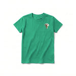 A kelly short-sleeve crewneck t-shirt for youth featuring a graphic of a dog on the left chest.