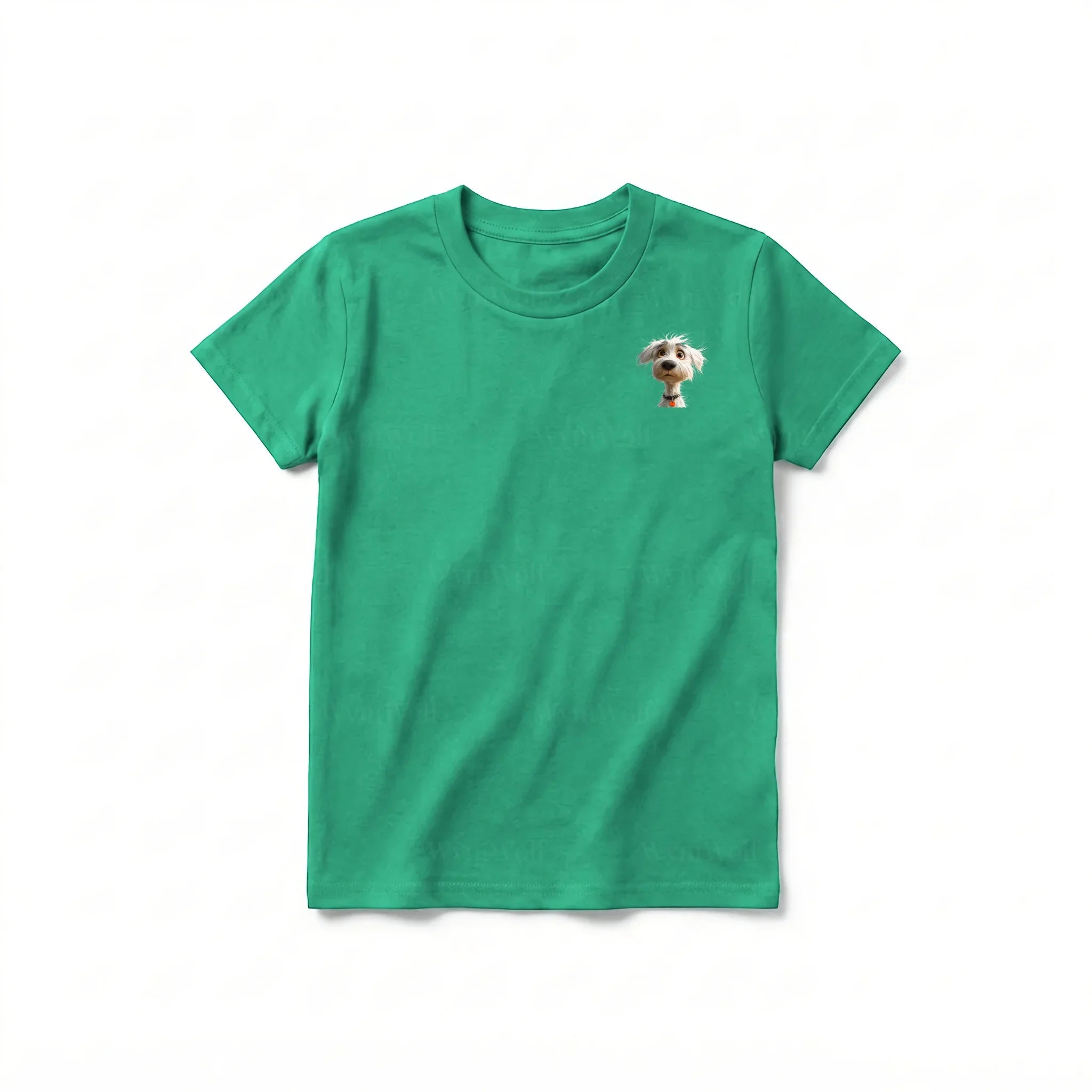 A kelly short-sleeve crewneck t-shirt for youth featuring a graphic of a dog on the left chest.