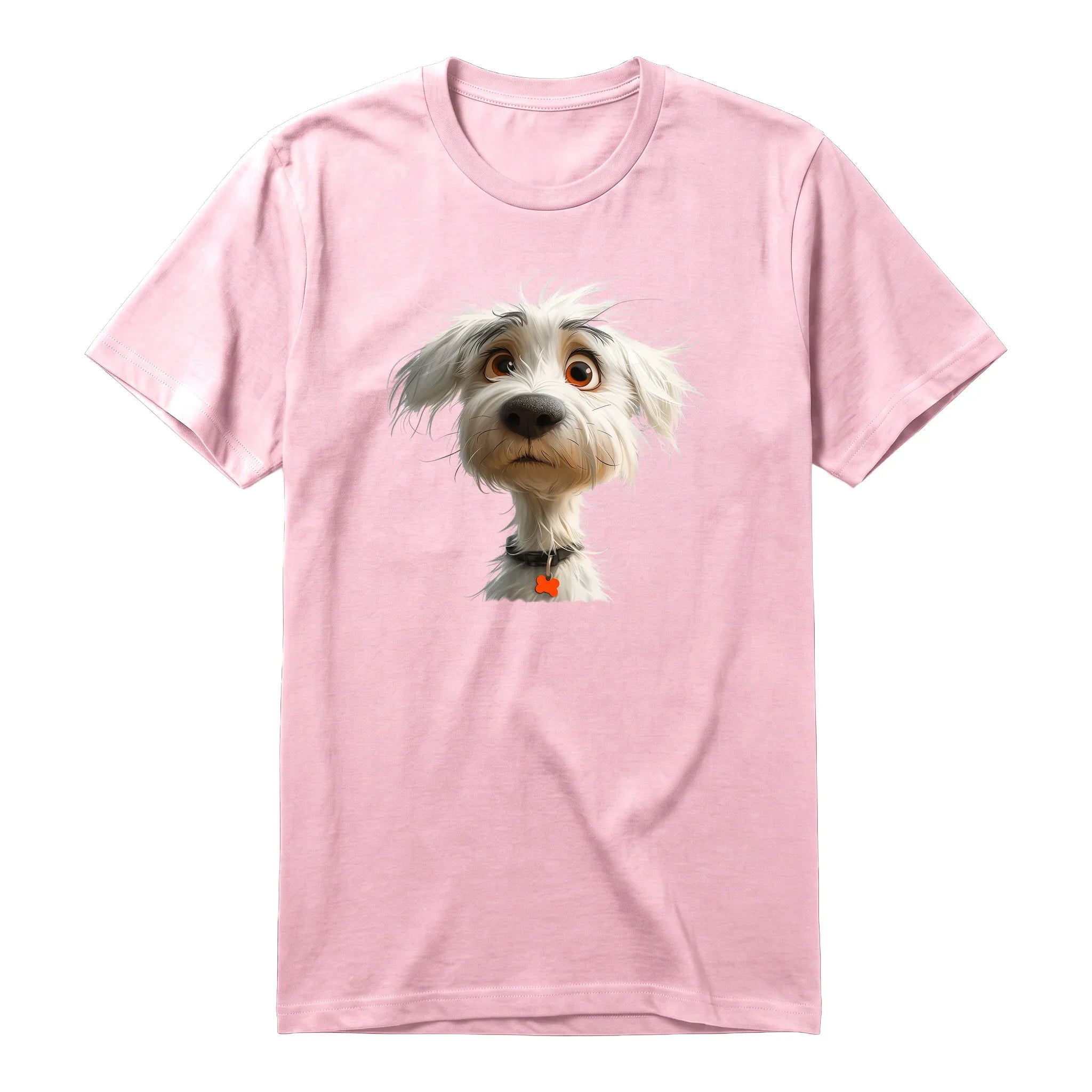 A pink short-sleeve crewneck t-shirt for adult featuring a graphic of a dog on the front.