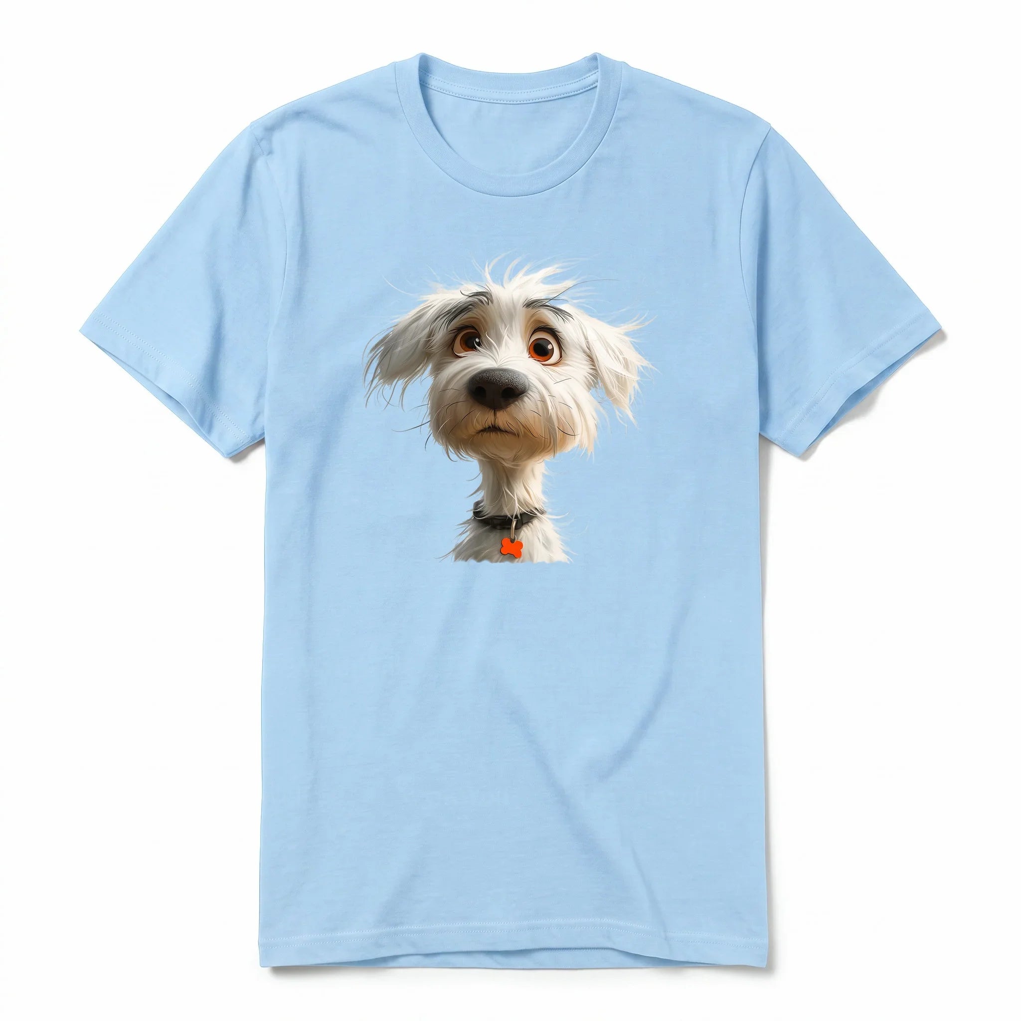 A powder short-sleeve crewneck t-shirt for adult featuring a graphic of a dog on the front.