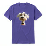 A purple short-sleeve crewneck t-shirt for adult featuring a graphic of a dog on the front.