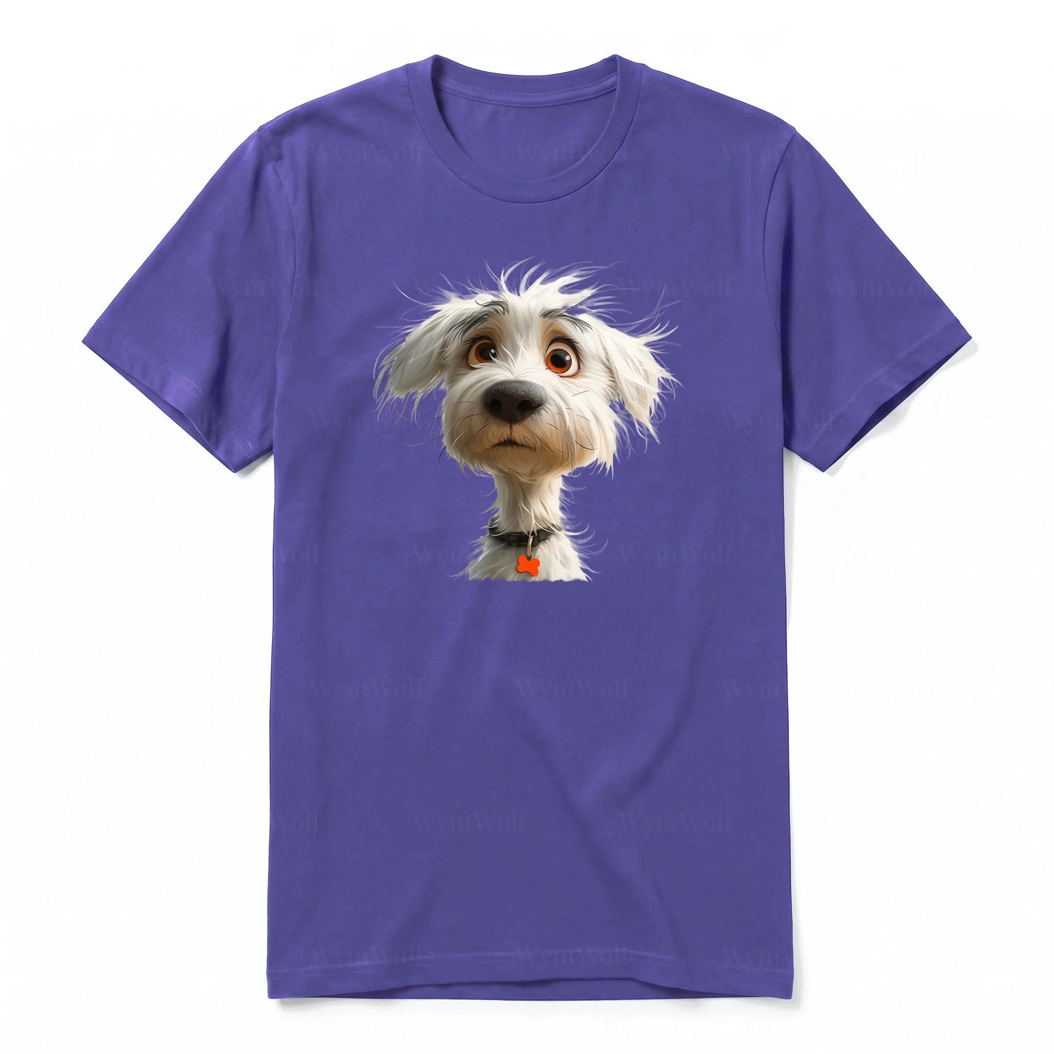 A purple short-sleeve crewneck t-shirt for adult featuring a graphic of a dog on the front.