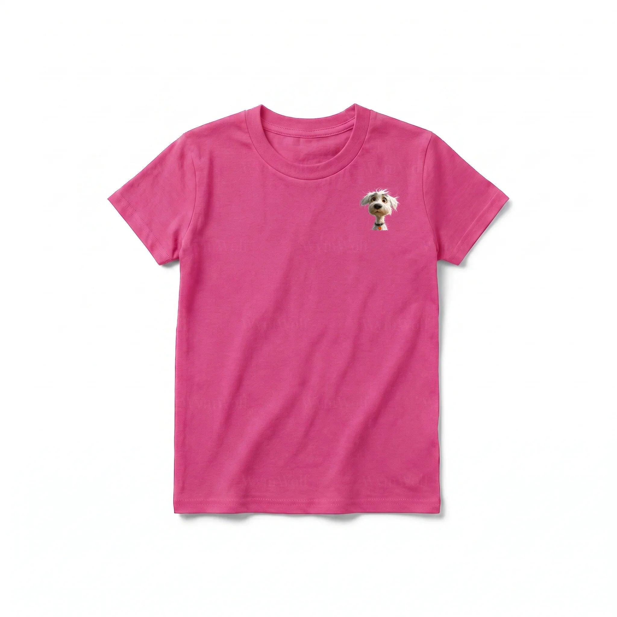 A raspberry short-sleeve crewneck t-shirt for youth featuring a graphic of a dog on the left chest.