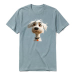 Un T-shirt sauge à manches courtes et col rond, orné d'un motif représentant un chien sur le devant.