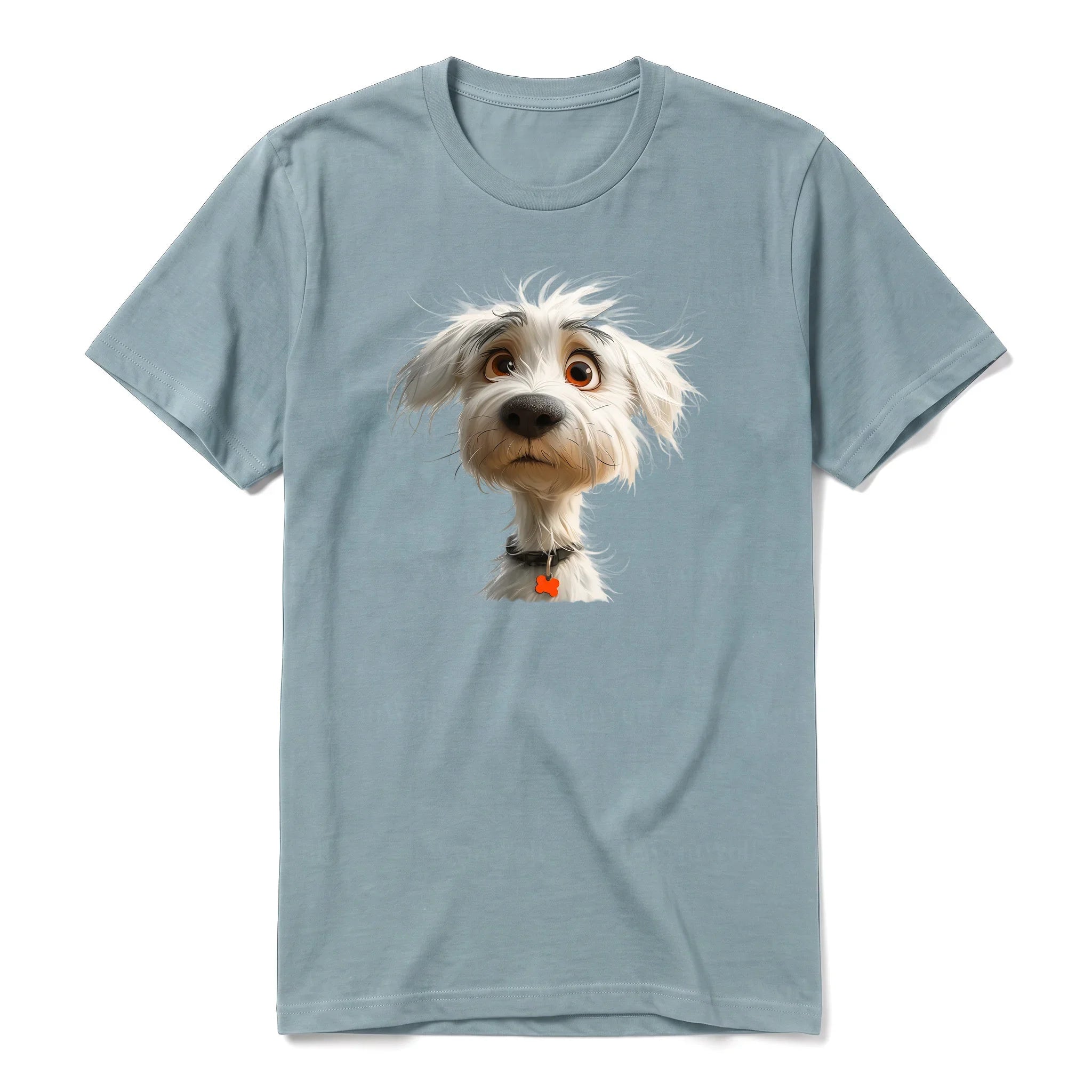 Un T-shirt sauge à manches courtes et col rond, orné d'un motif représentant un chien sur le devant.