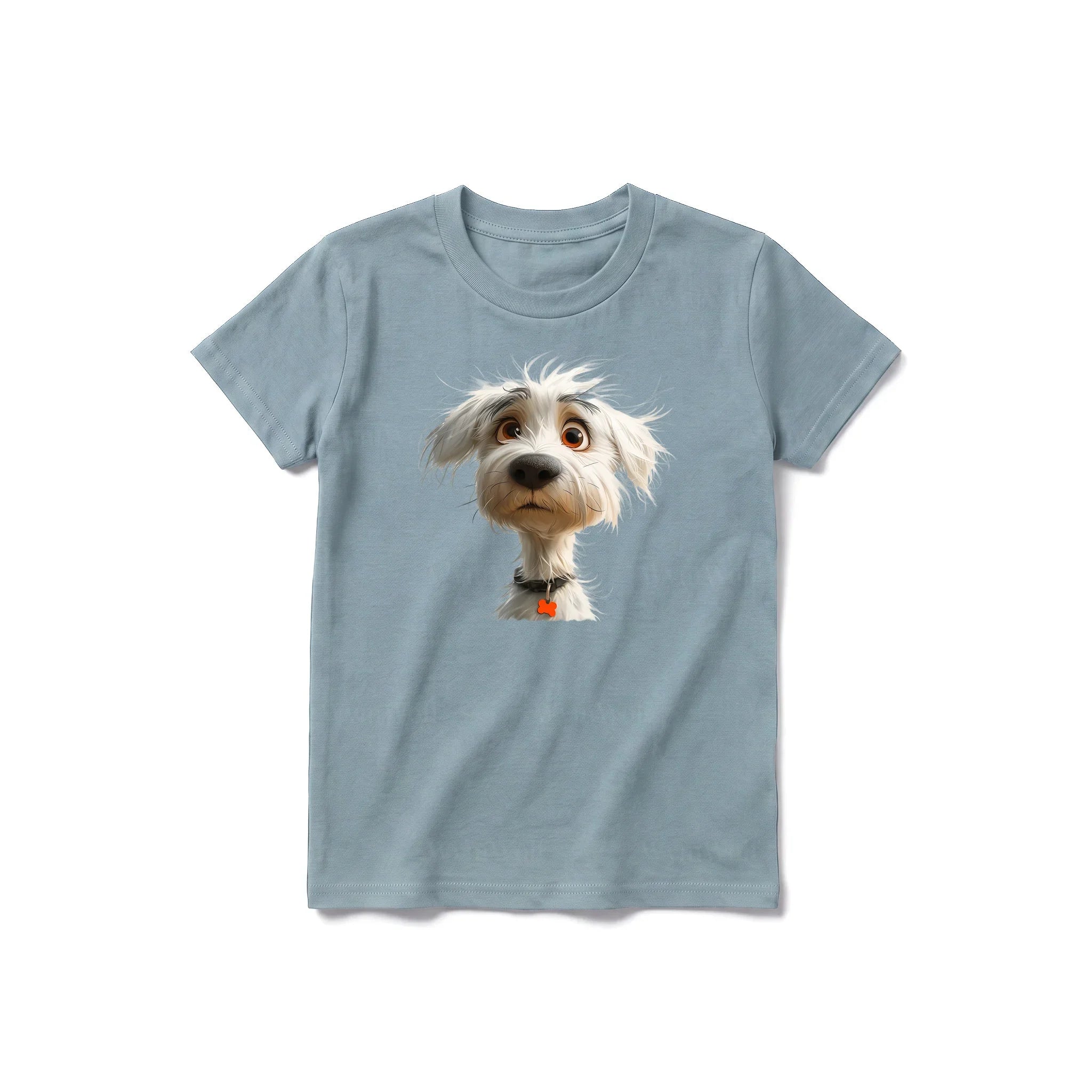 Un T-shirt sauge à manches courtes et col rond pour jeune, orné d'un motif représentant un chien sur le devant.