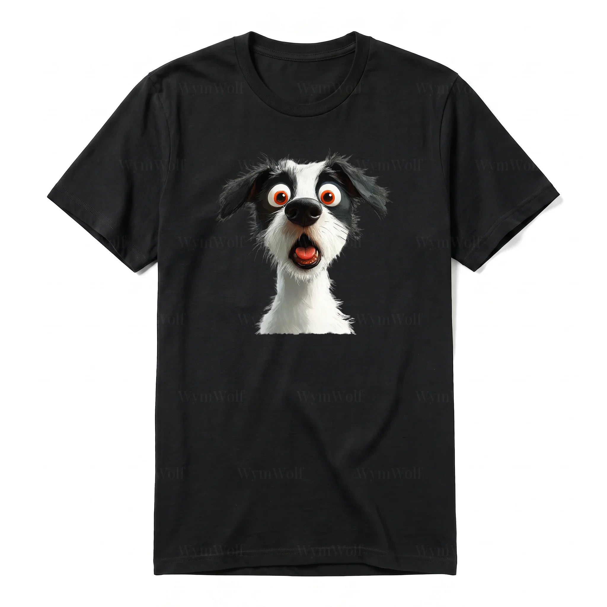 A black short-sleeve crewneck t-shirt for adult featuring a graphic of a dog on the front.