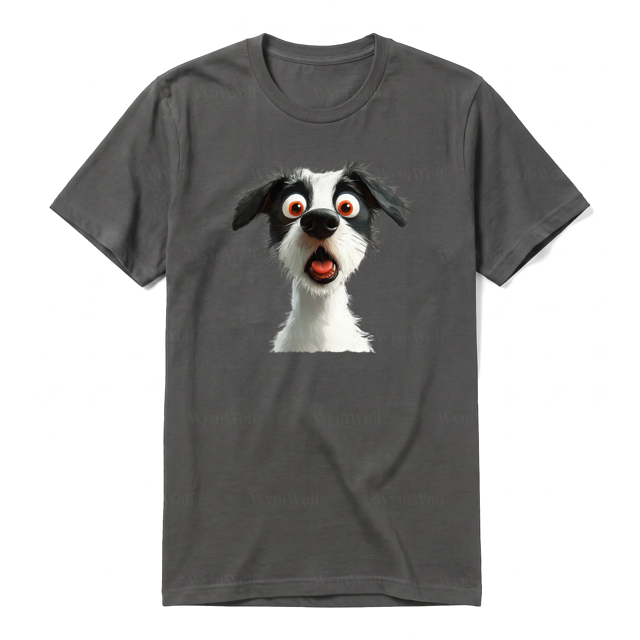 Un T-shirt charbon à manches courtes et col rond, orné d'un motif représentant un chien sur le devant.