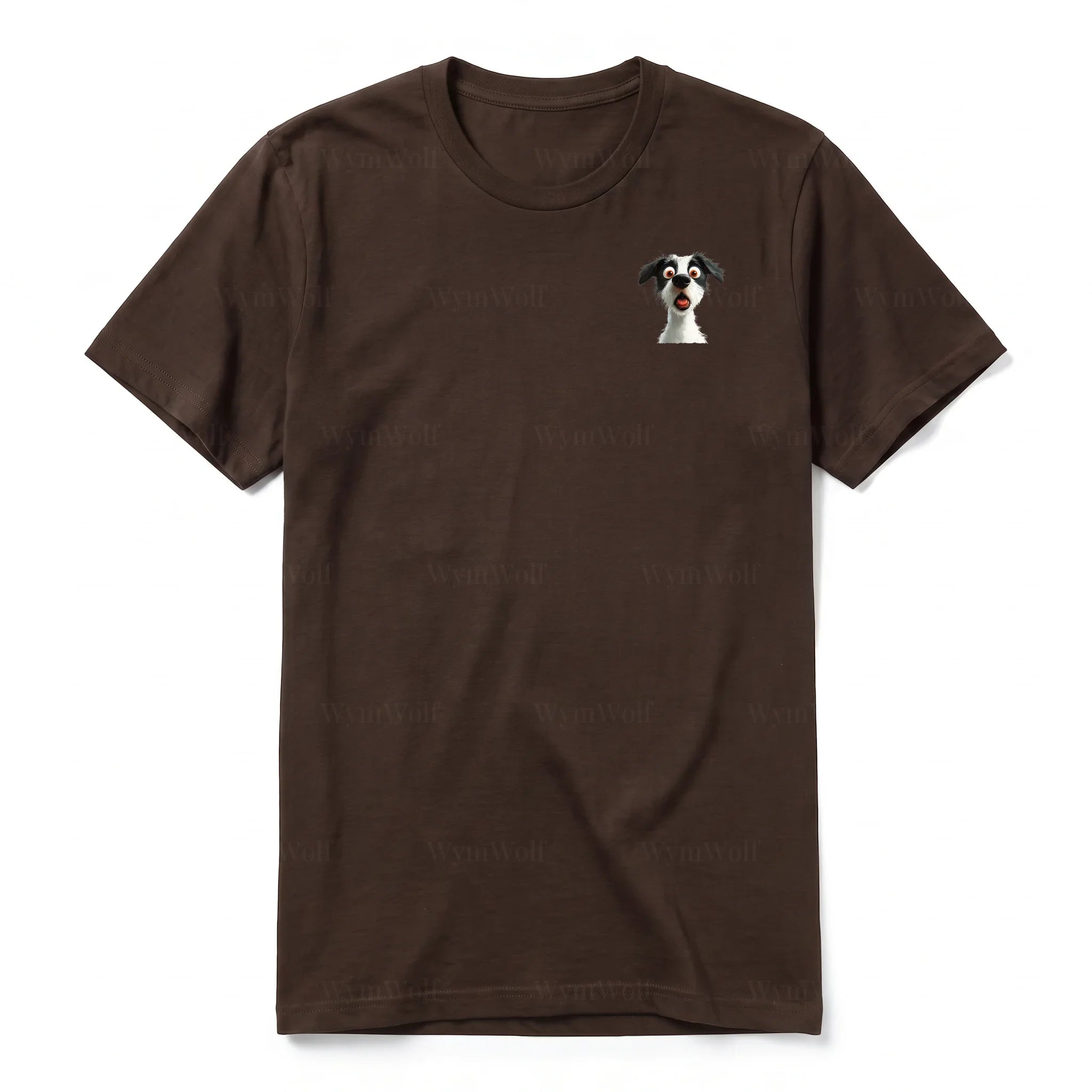 A chocolate short-sleeve crewneck t-shirt for adult featuring a graphic of a dog on the left chest.