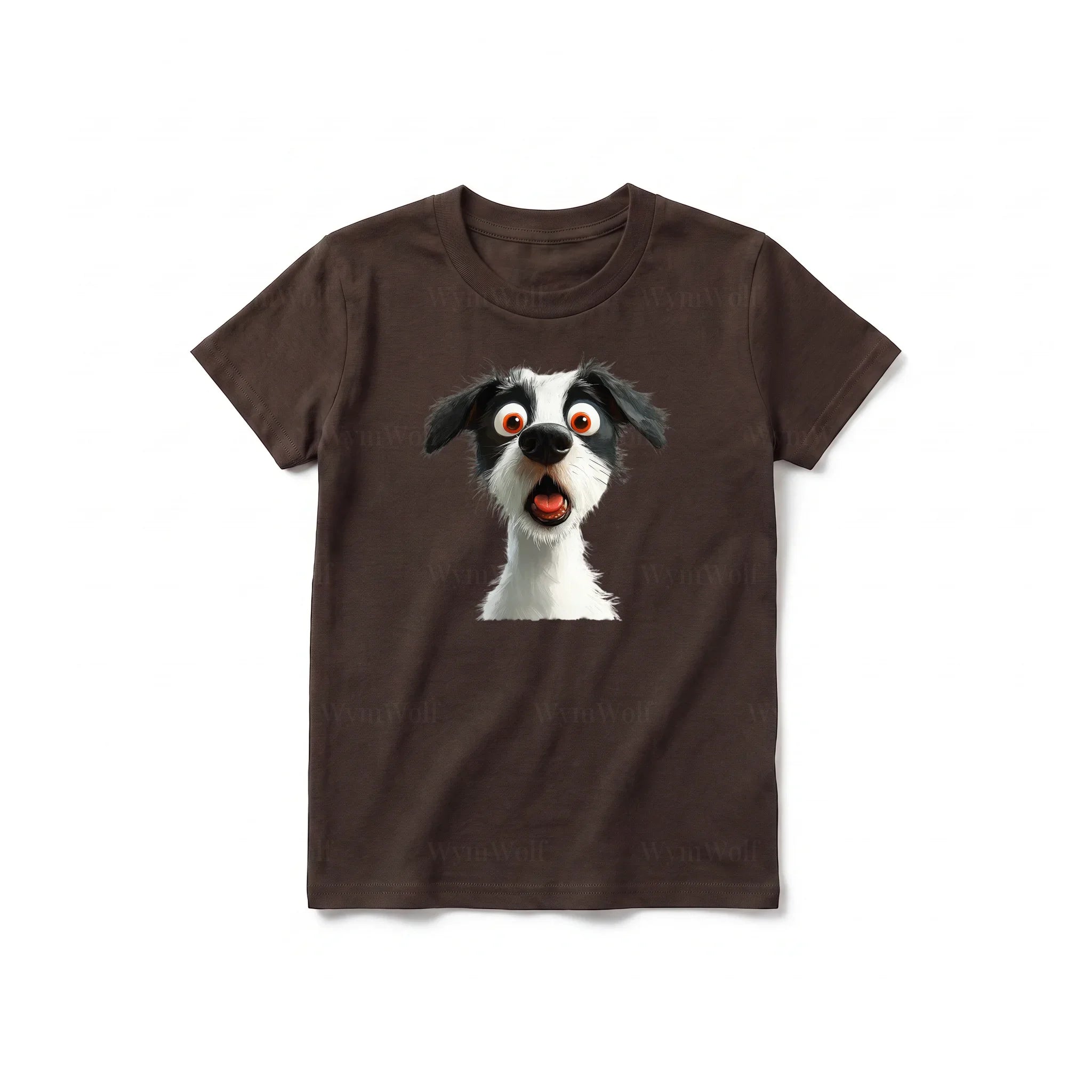 A chocolate short-sleeve crewneck t-shirt for youth featuring a graphic of a dog on the front.