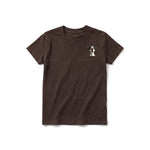 A chocolate short-sleeve crewneck t-shirt for youth featuring a graphic of a dog on the left chest.