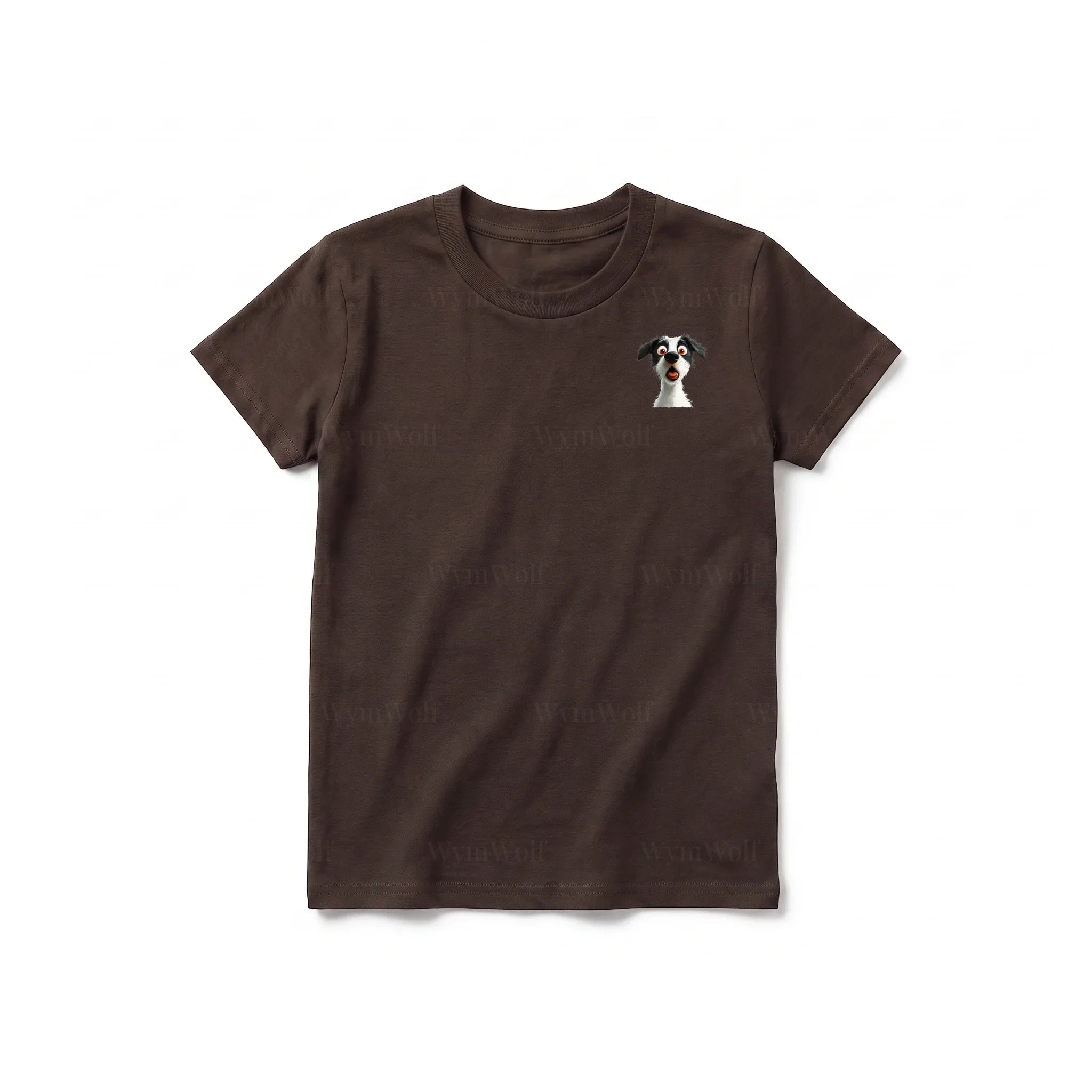 A chocolate short-sleeve crewneck t-shirt for youth featuring a graphic of a dog on the left chest.