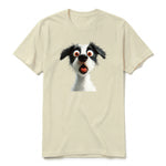 A latte short-sleeve crewneck t-shirt for adult featuring a graphic of a dog on the front.