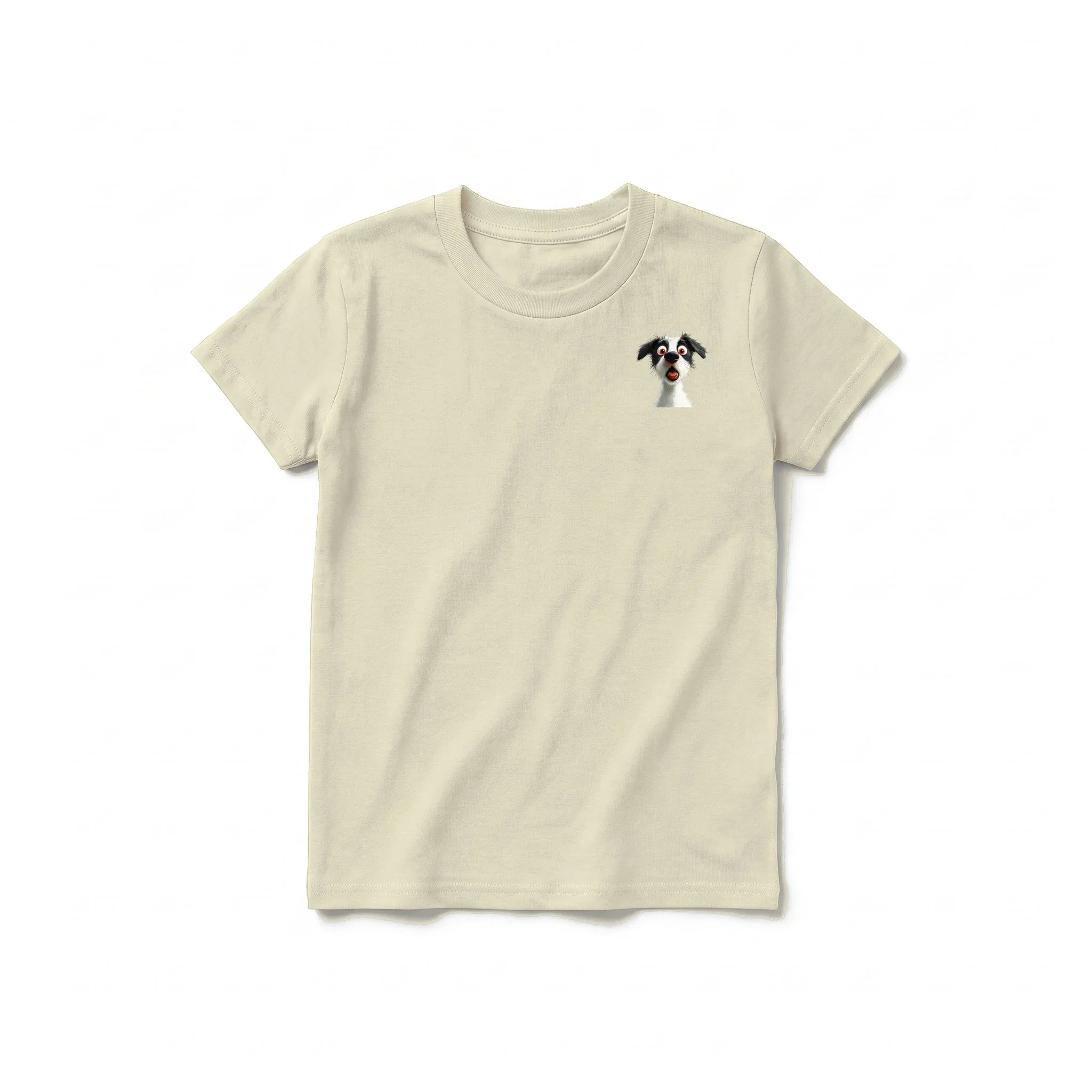 A latte short-sleeve crewneck t-shirt for youth featuring a graphic of a dog on the left chest.