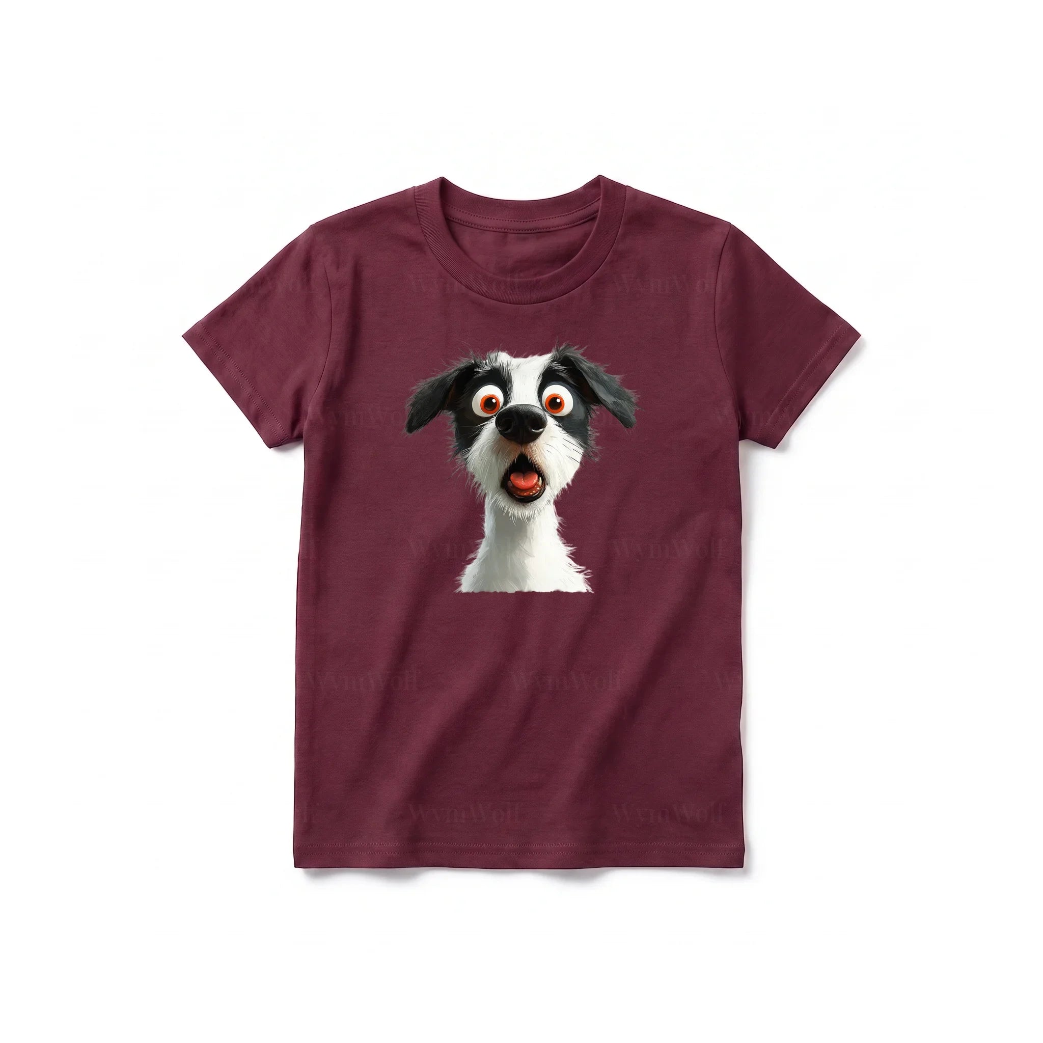 Un T-shirt marron à manches courtes et col rond pour jeune, orné d'un motif représentant un chien sur le devant.