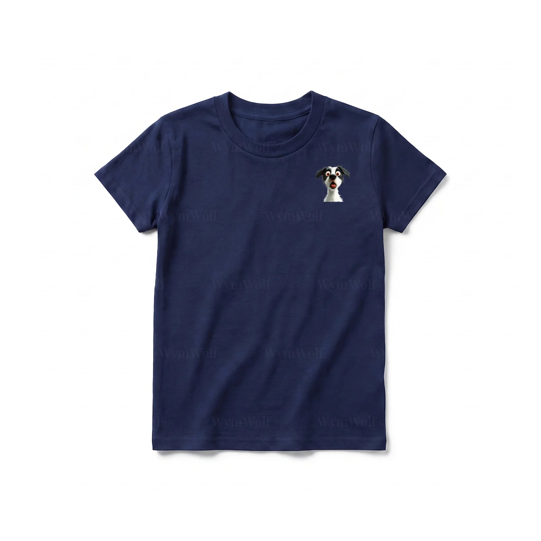 A navy short-sleeve crewneck t-shirt for youth featuring a graphic of a dog on the left chest.