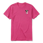 A raspberry short-sleeve crewneck t-shirt for adult featuring a graphic of a dog on the left chest.