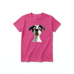 A raspberry short-sleeve crewneck t-shirt for youth featuring a graphic of a dog on the front.