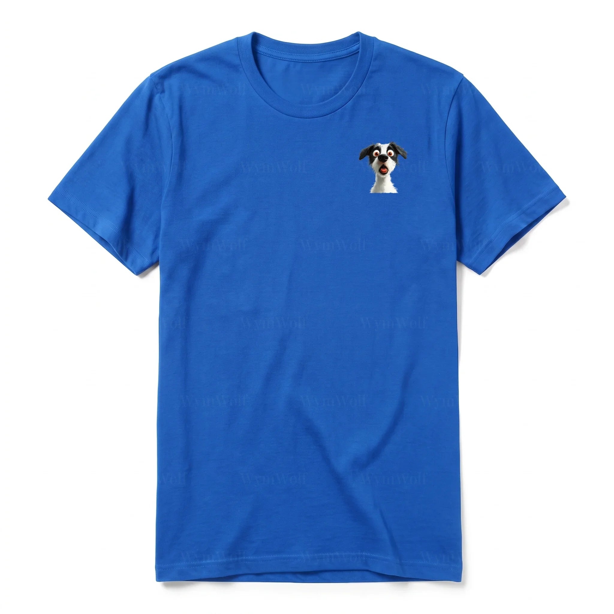 A royal short-sleeve crewneck t-shirt for adult featuring a graphic of a dog on the left chest.