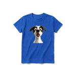 A royal short-sleeve crewneck t-shirt for youth featuring a graphic of a dog on the front.