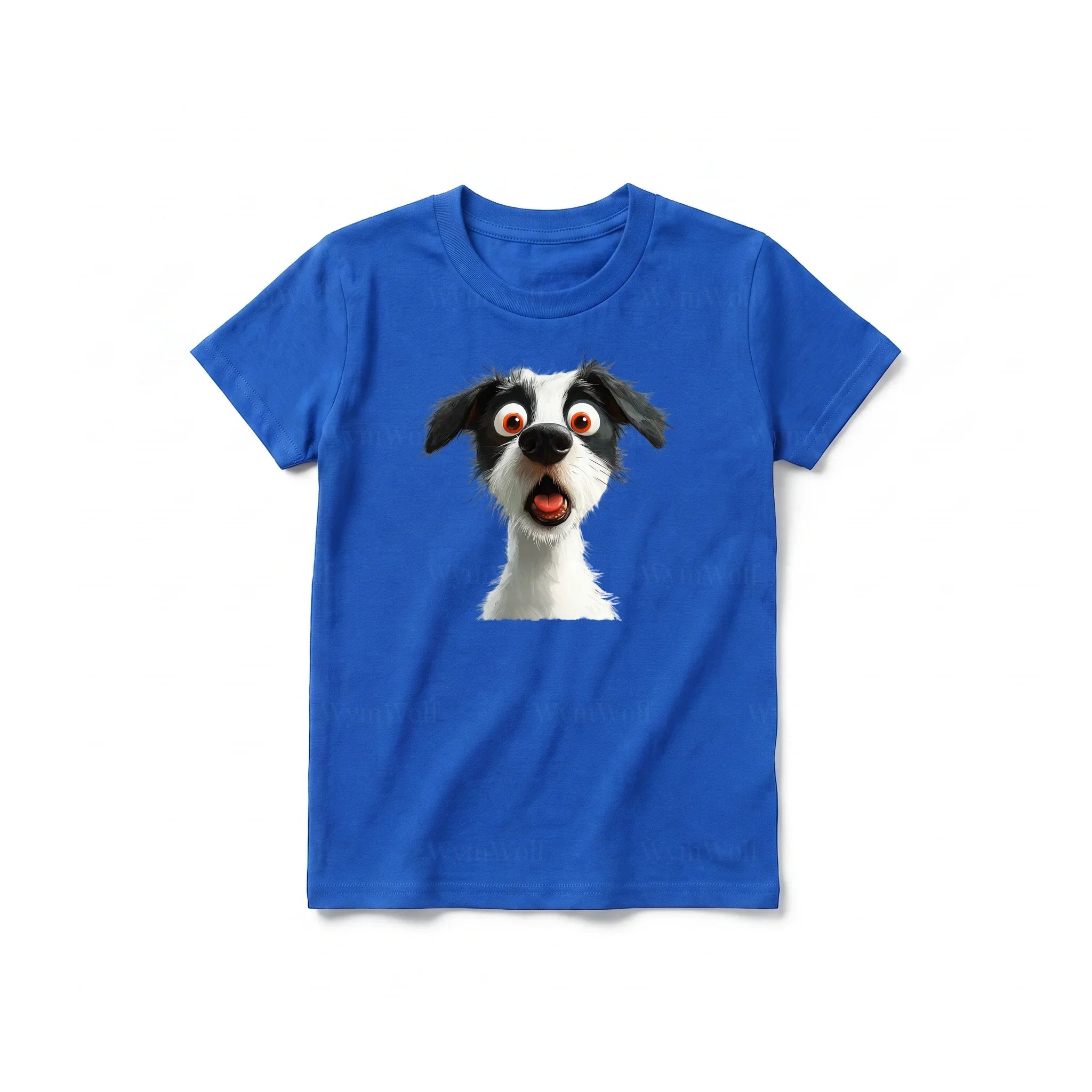 A royal short-sleeve crewneck t-shirt for youth featuring a graphic of a dog on the front.