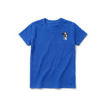 A royal short-sleeve crewneck t-shirt for youth featuring a graphic of a dog on the left chest.