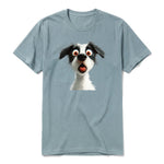 Un T-shirt sauge à manches courtes et col rond, orné d'un motif représentant un chien sur le devant.
