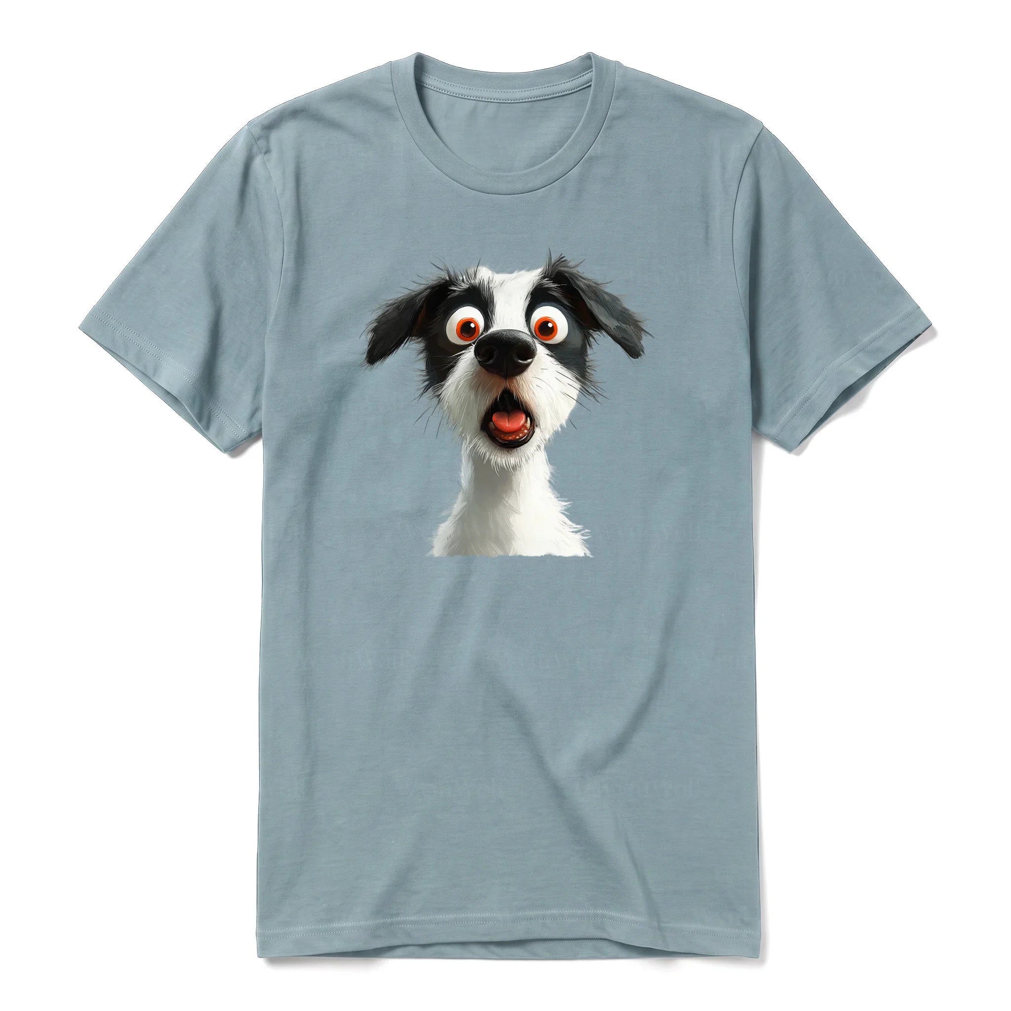 Un T-shirt sauge à manches courtes et col rond, orné d'un motif représentant un chien sur le devant.