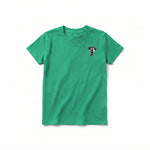 Un T-shirt kelly à manches courtes et col rond pour jeune, orné d'un motif représentant un chien sur la poitrine gauche.