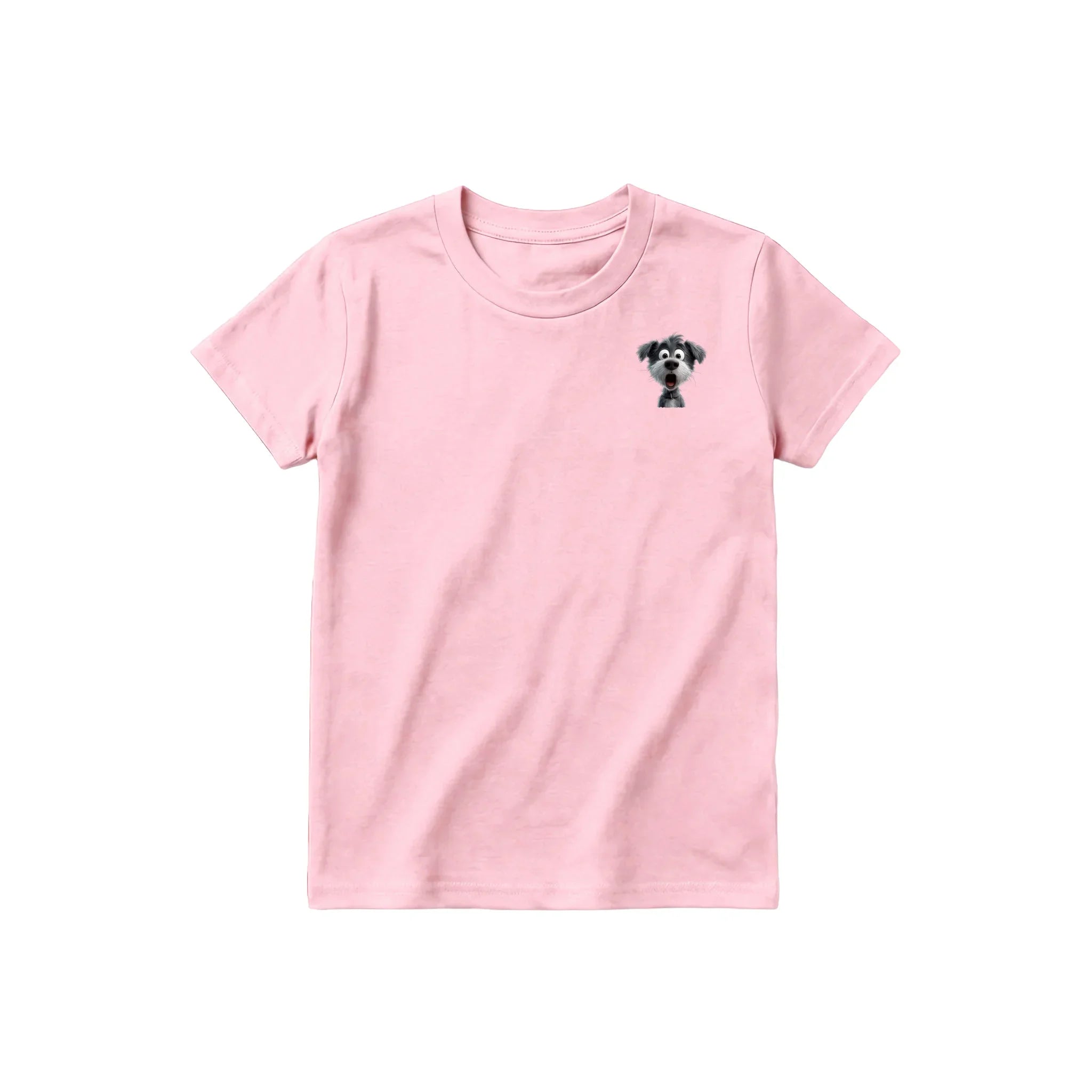 Un T-shirt rose à manches courtes et col rond pour jeune, orné d'un motif représentant un chien sur la poitrine gauche.