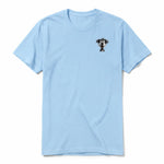 A powder short-sleeve crewneck t-shirt for adult featuring a graphic of a dog on the left chest.