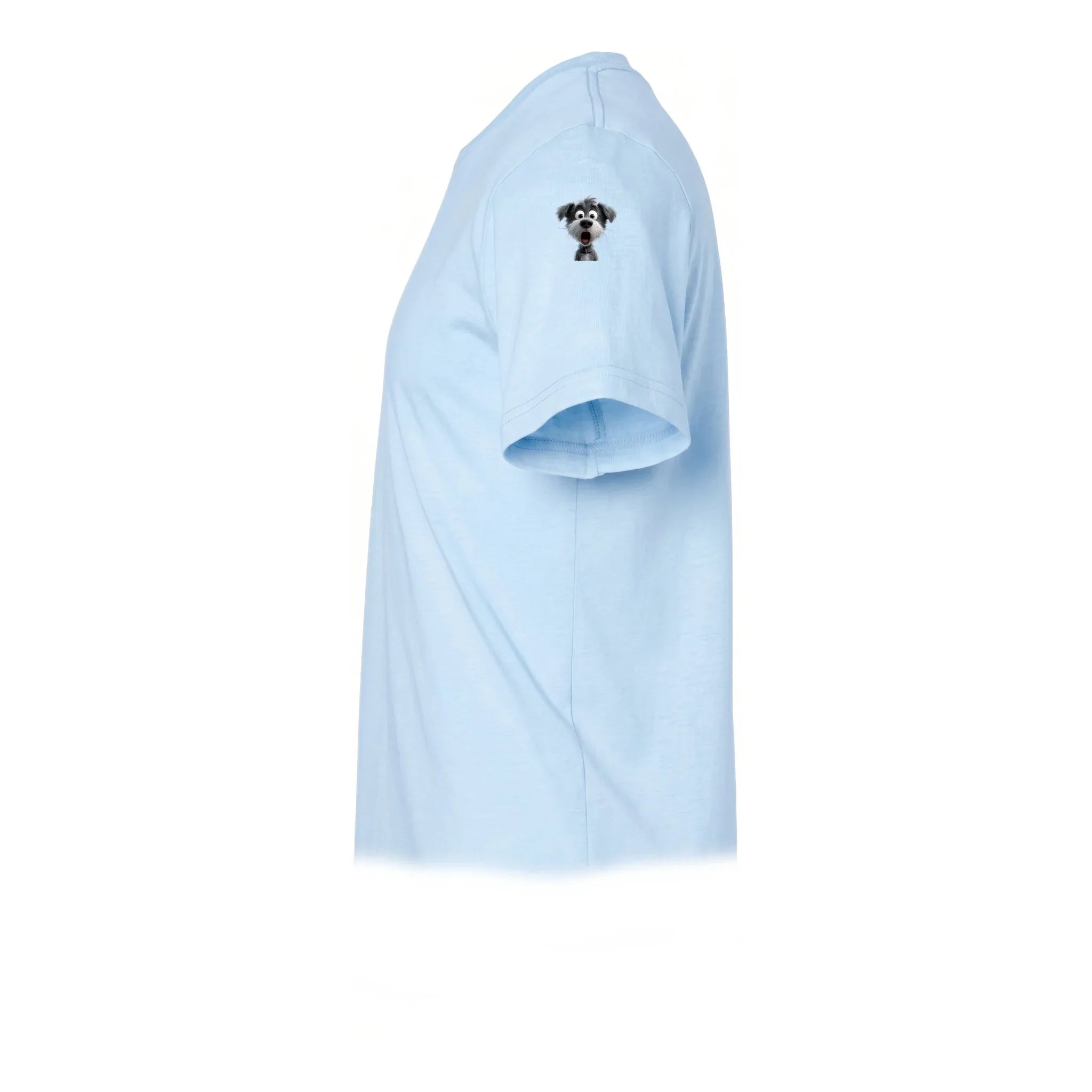 A powder short-sleeve crewneck t-shirt  featuring a small graphic of a dog on the upper left sleeve.