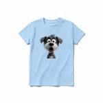 A powder short-sleeve crewneck t-shirt for youth featuring a graphic of a dog on the front.