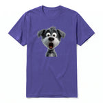A purple short-sleeve crewneck t-shirt for adult featuring a graphic of a dog on the front.