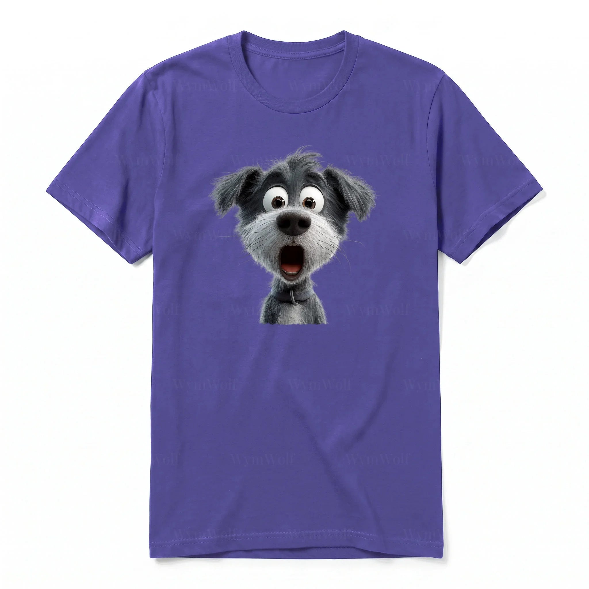 A purple short-sleeve crewneck t-shirt for adult featuring a graphic of a dog on the front.