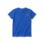 Un T-shirt royal à manches courtes et col rond pour jeune, orné d'un motif représentant un chien sur la poitrine gauche.