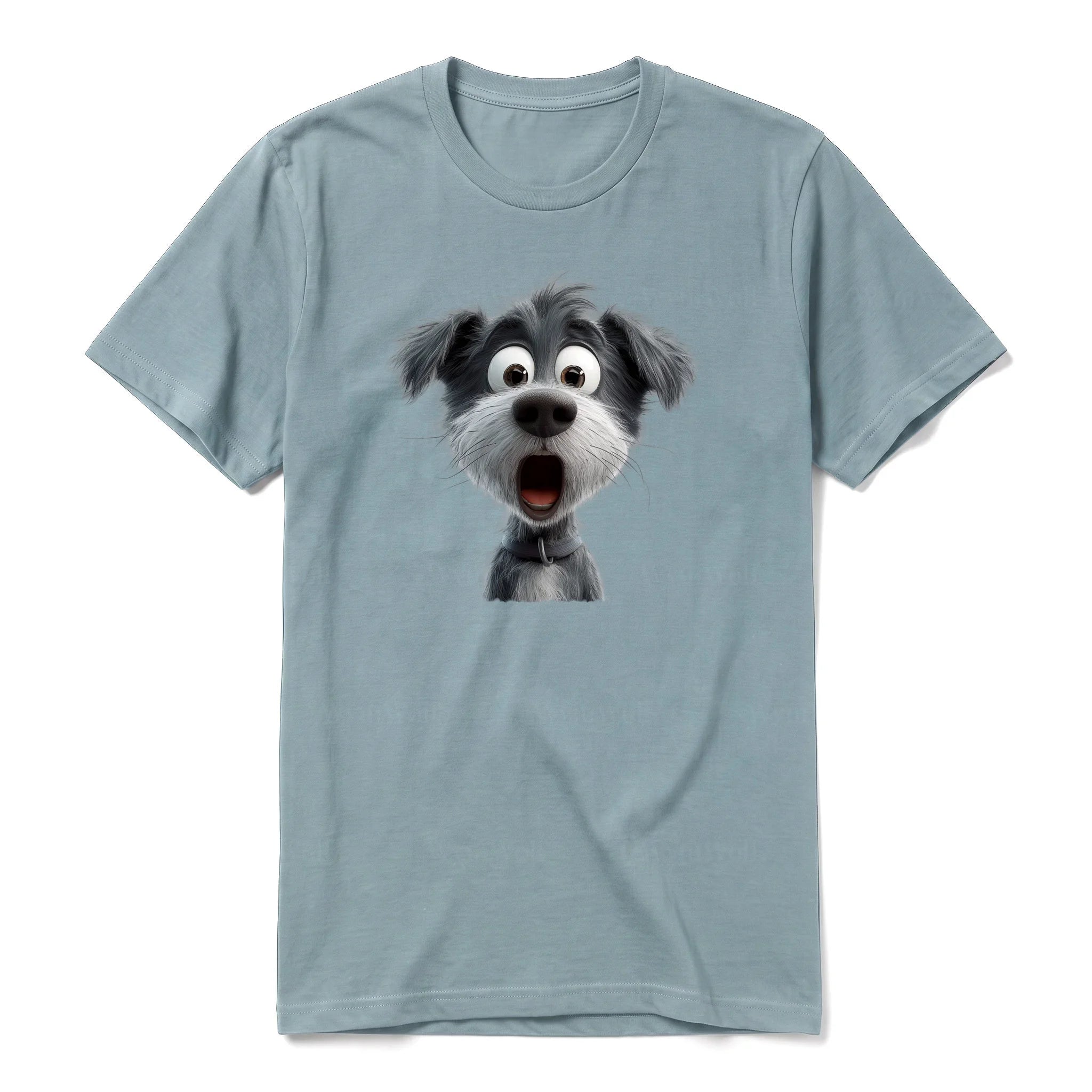 Un T-shirt sauge à manches courtes et col rond, orné d'un motif représentant un chien sur le devant.