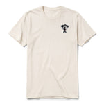 Un T-shirt blanc vintage à manches courtes et col rond, orné d'un motif représentant un chien sur la poitrine gauche.
