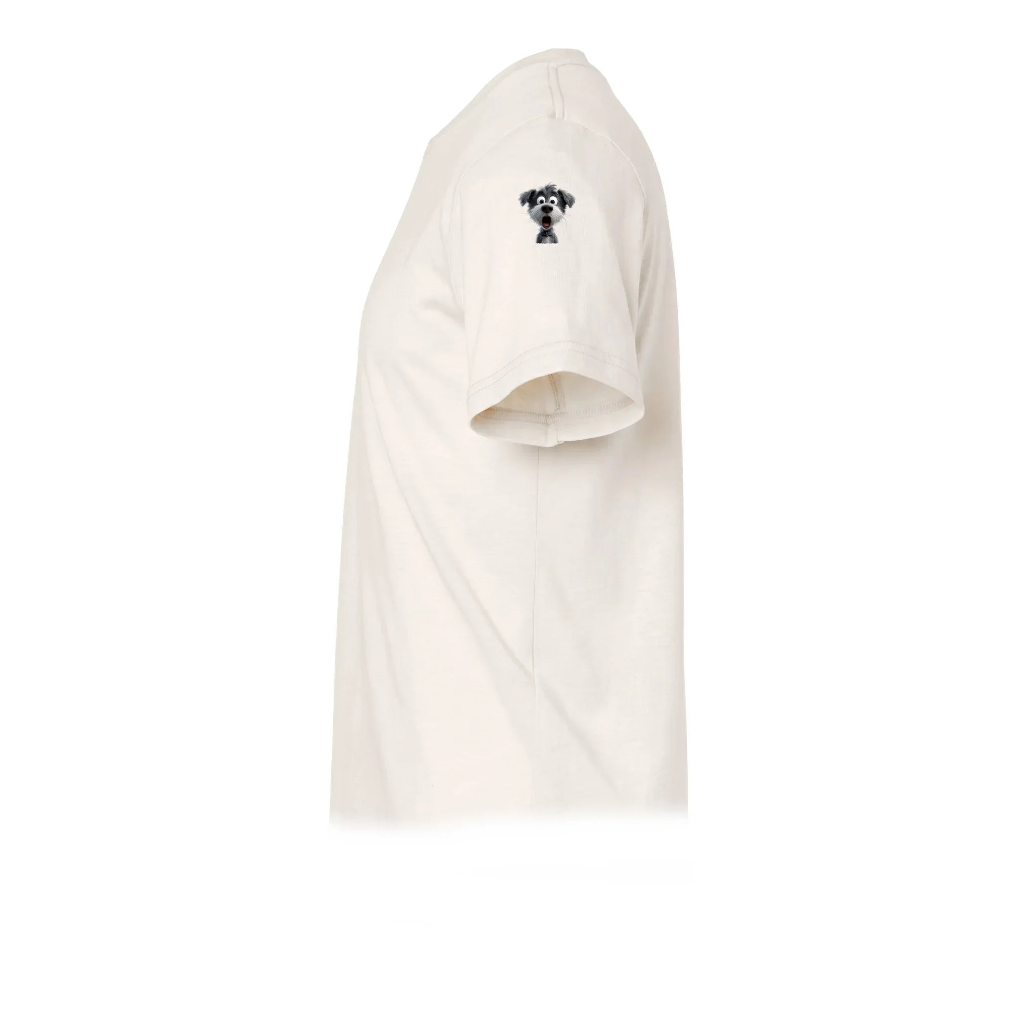 Un T-shirt blanc vintage à manches courtes et col rond, orné d'un motif représentant un chien sur le haut de la manche gauche.