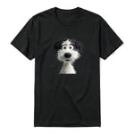 A black short-sleeve crewneck t-shirt for adult featuring a graphic of a dog on the front.