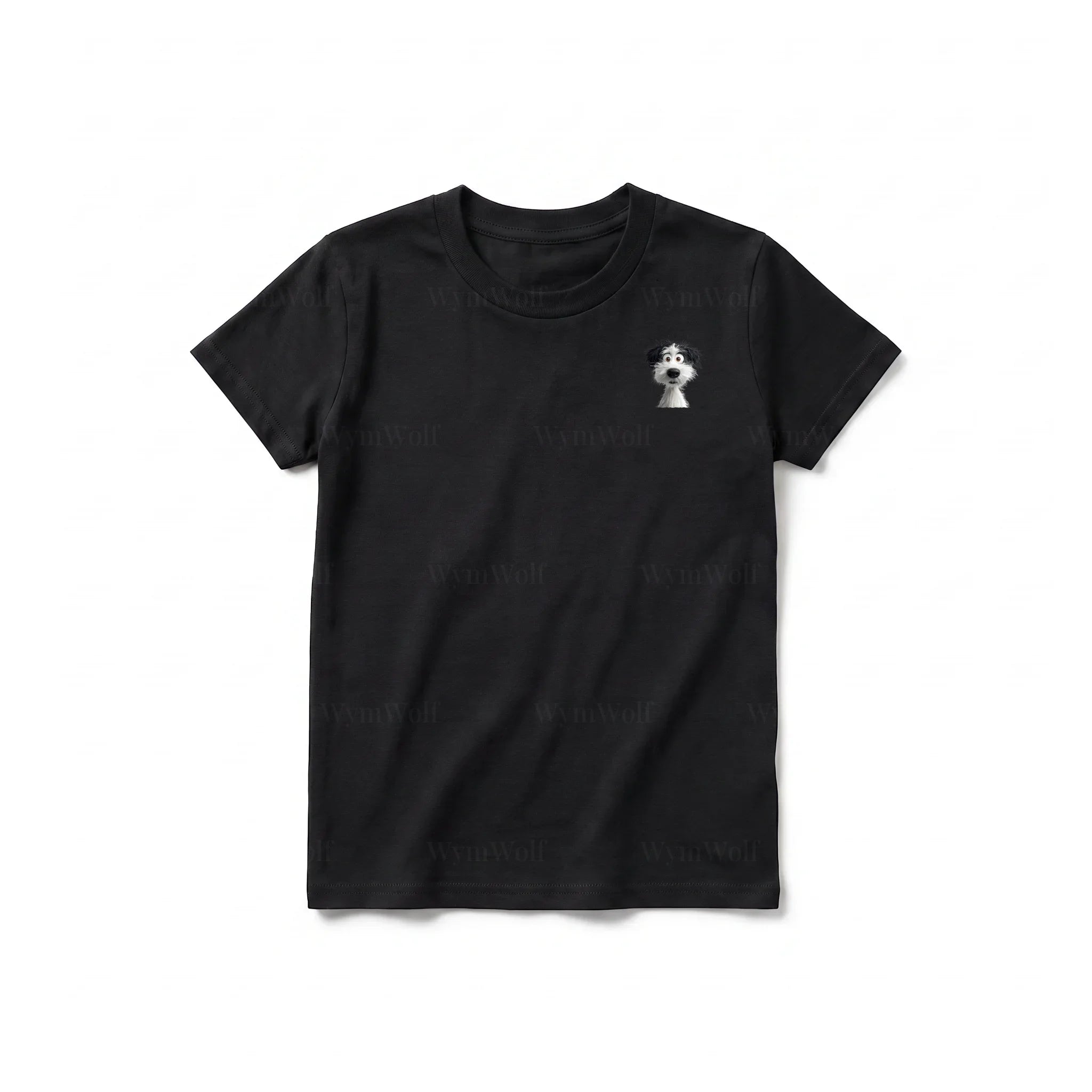 A black short-sleeve crewneck t-shirt for youth featuring a graphic of a dog on the left chest.