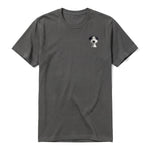 A charcoal short-sleeve crewneck t-shirt for adult featuring a graphic of a dog on the left chest.