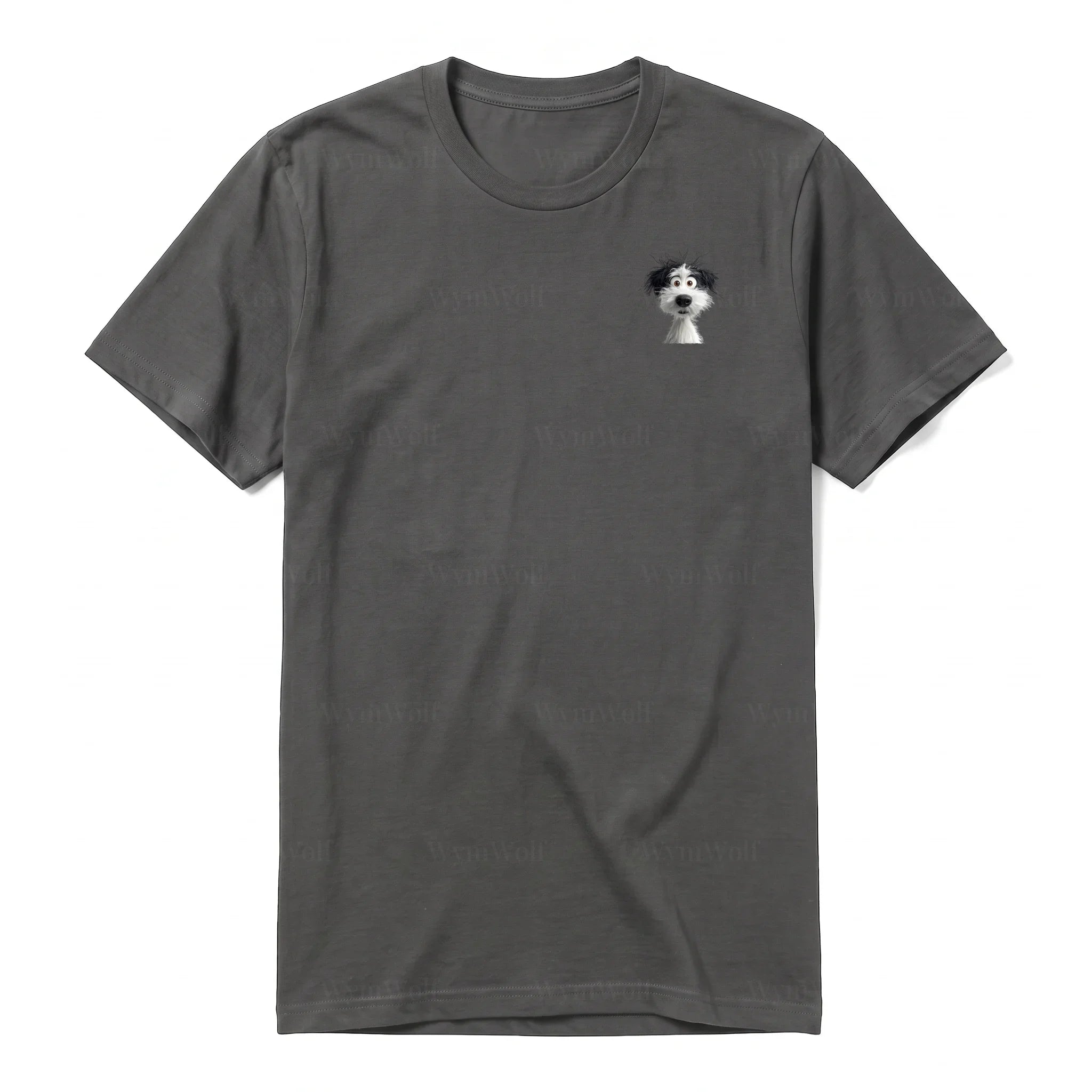 A charcoal short-sleeve crewneck t-shirt for adult featuring a graphic of a dog on the left chest.