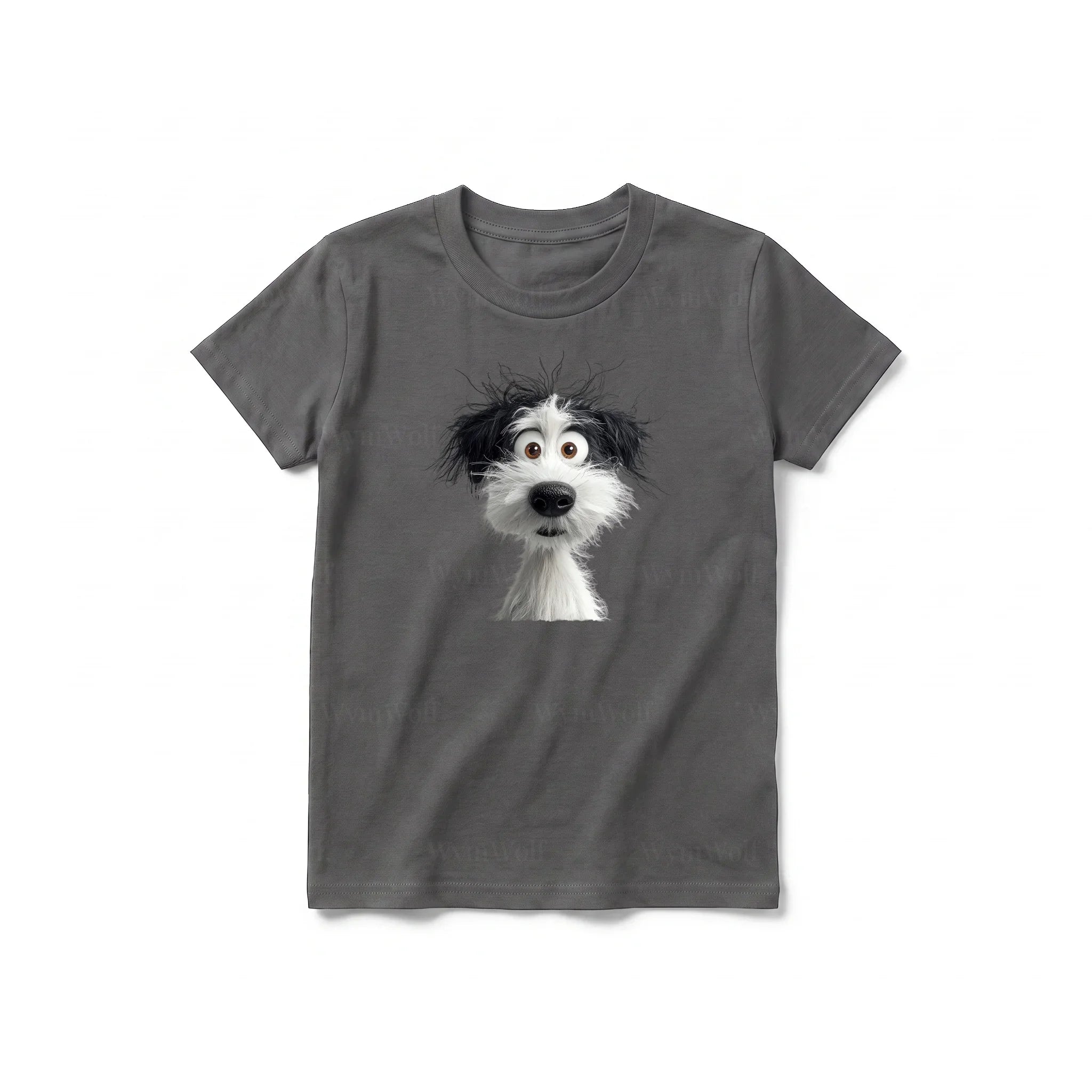 A charcoal short-sleeve crewneck t-shirt for youth featuring a graphic of a dog on the front.