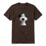 A chocolate short-sleeve crewneck t-shirt for adult featuring a graphic of a dog on the front.