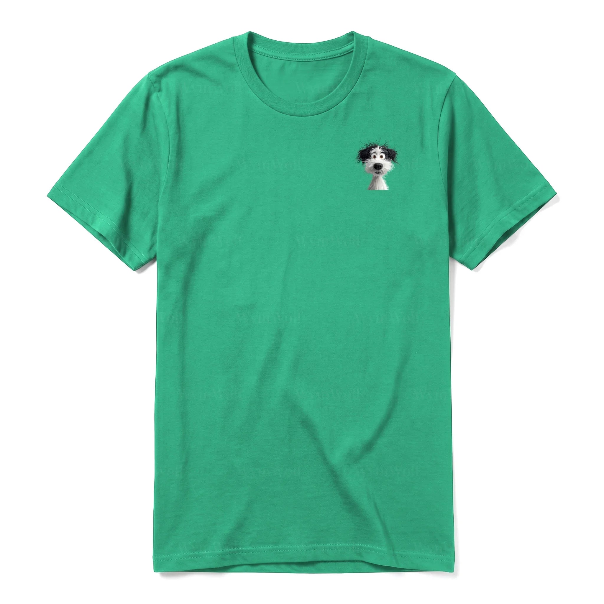A kelly short-sleeve crewneck t-shirt for adult featuring a graphic of a dog on the left chest.