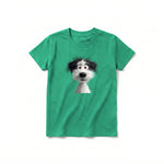 A kelly short-sleeve crewneck t-shirt for youth featuring a graphic of a dog on the front.
